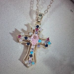 Cubic Zirconia Multi-Color Cross a Faux Gold 15..7” to 17.7” Adjustable …